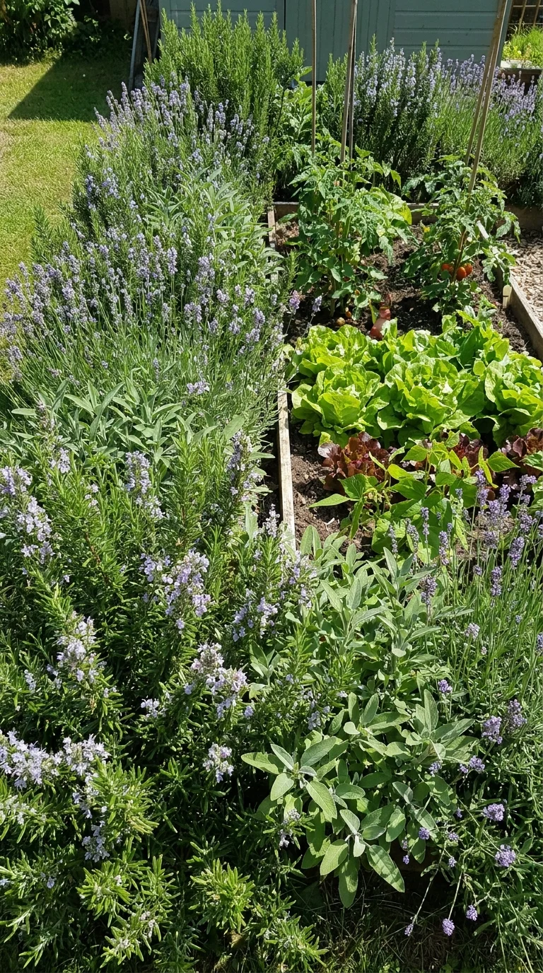 Rosemary, sage and lavender planted as a slug-repellent border around a vegetable bed