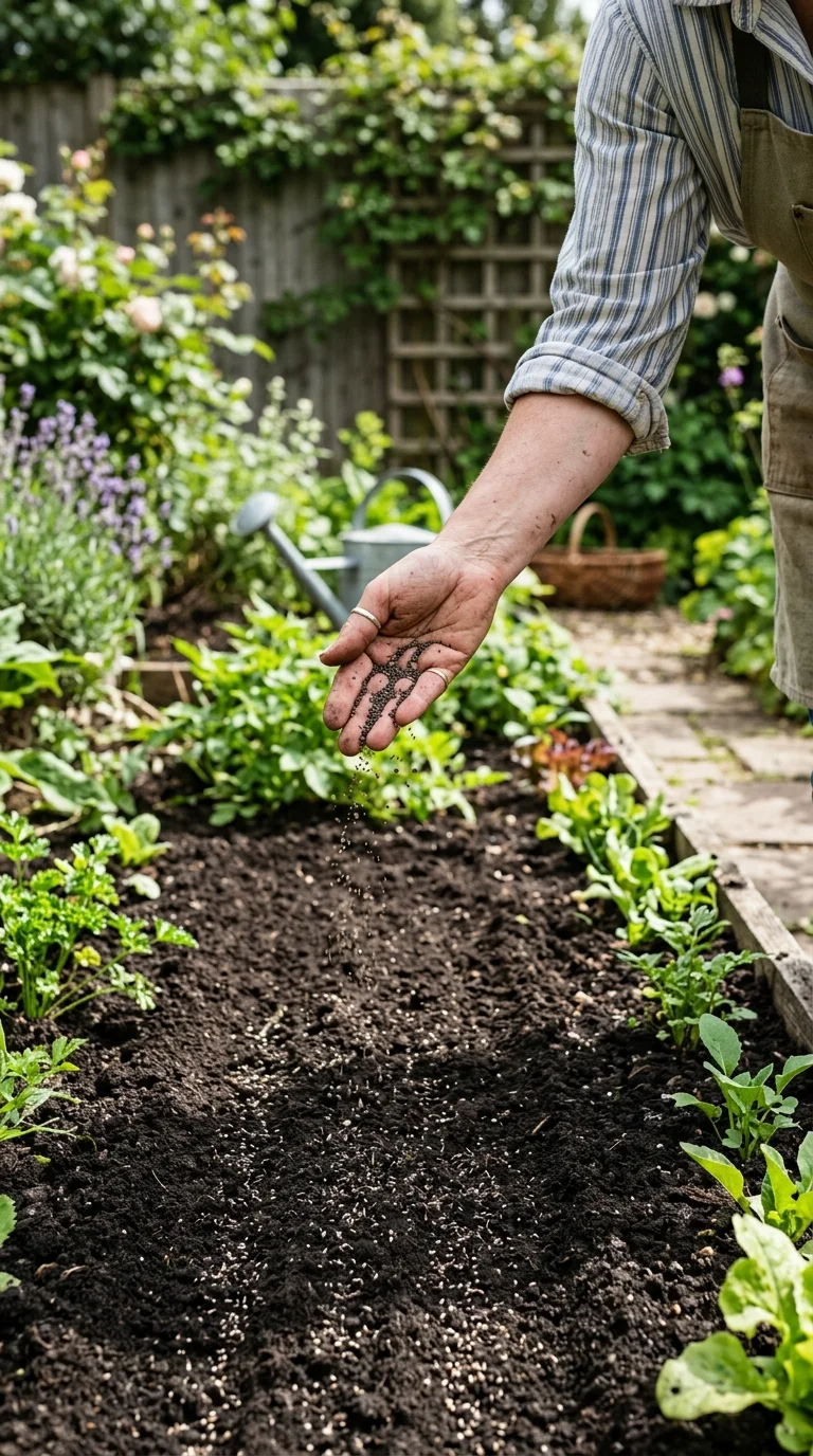 A photo of a hand spreading clover seed over prepared soil in a garden