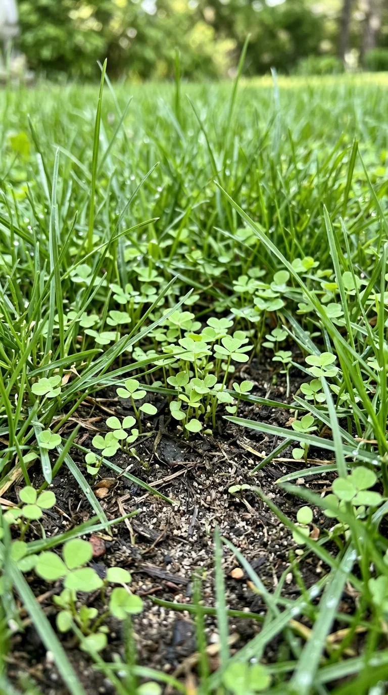A photo of fresh clover seedlings emerging among the grass blades of an overseeded lawn