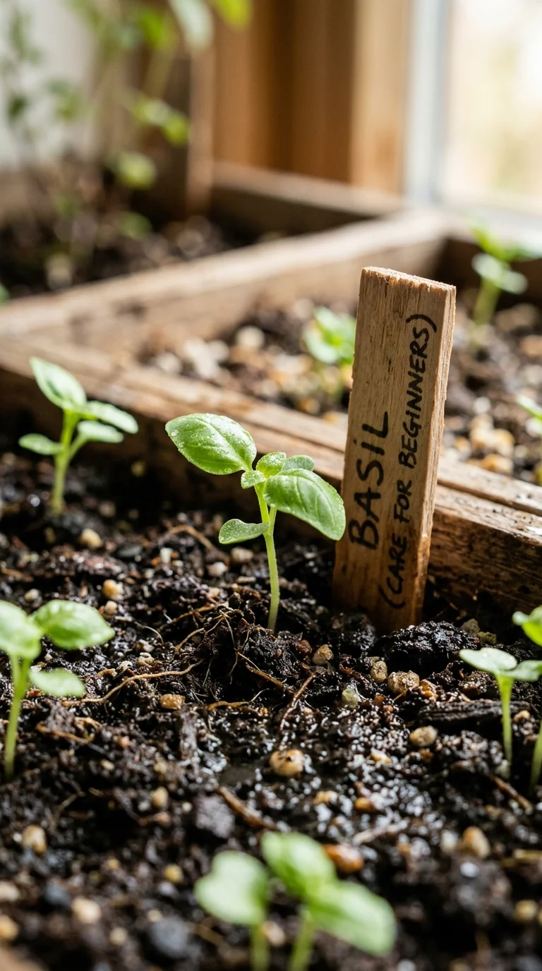 A detailed closeup of different basil varieties, showing Genovese and Thai basil side-by-side