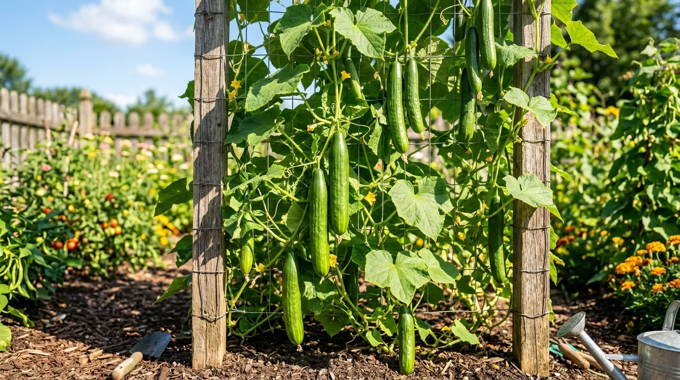Cucumber trellis with straight hanging fruits