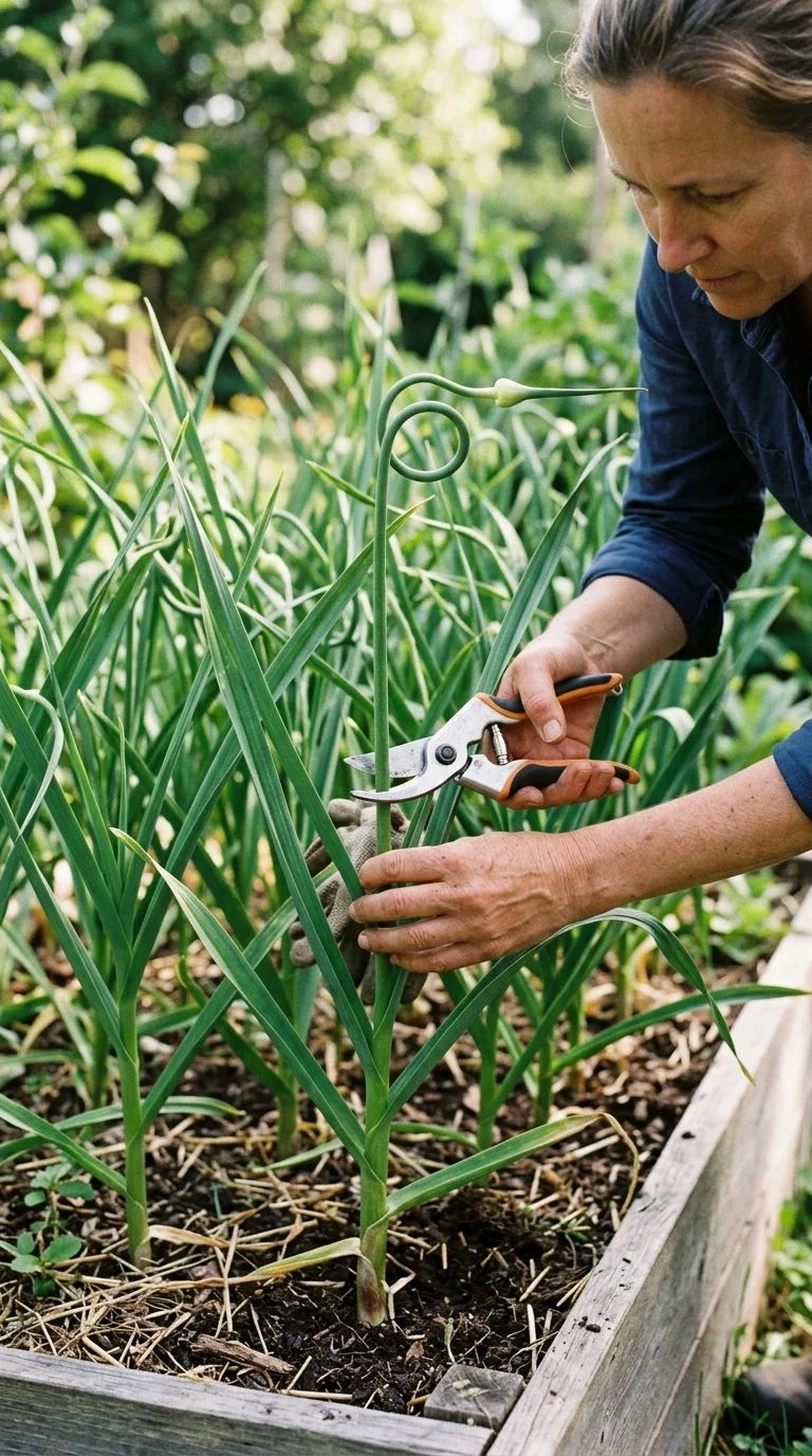 Cutting a curled garlic scape from a hardneck garlic plant