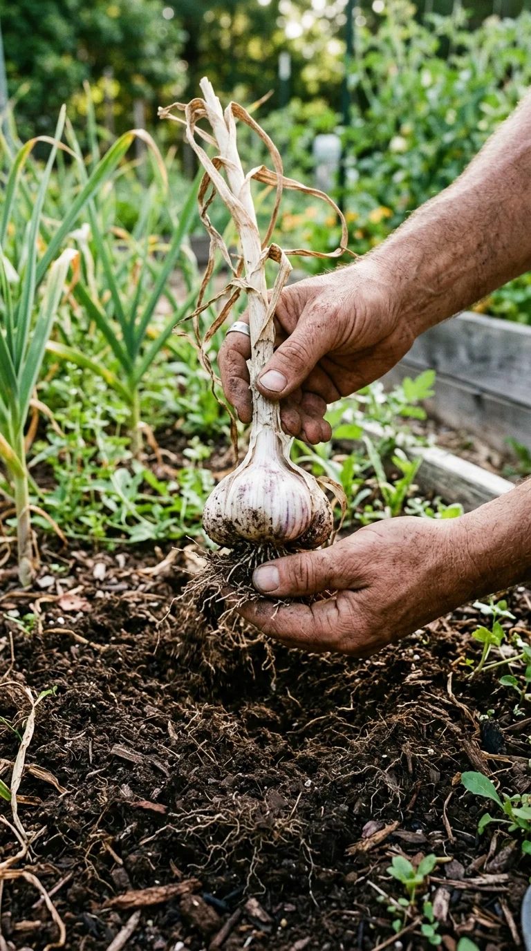 Hands gently lifting a mature garlic bulb from loose garden soil