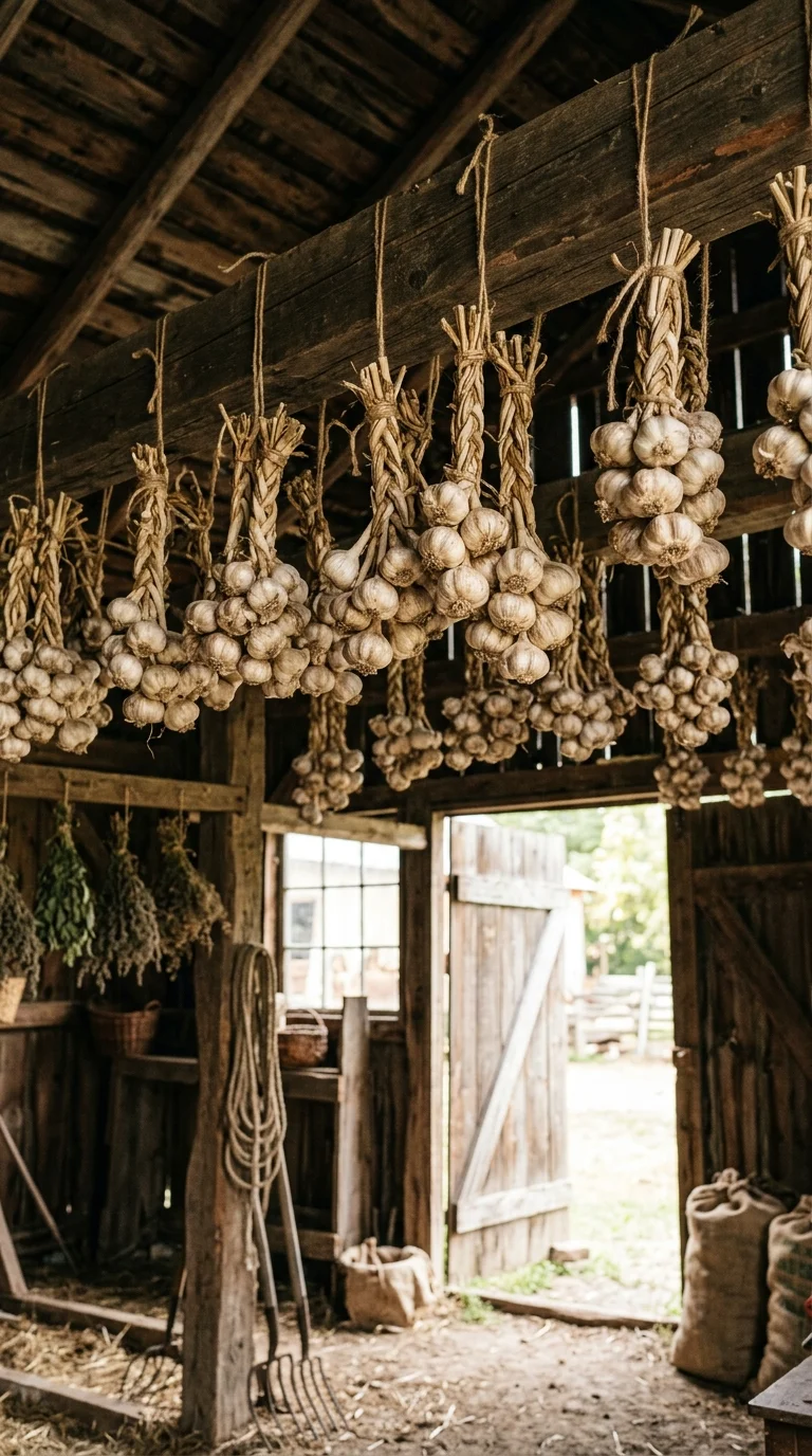 Garlic bulbs hanging in bundles to cure in a dry, airy, shaded place