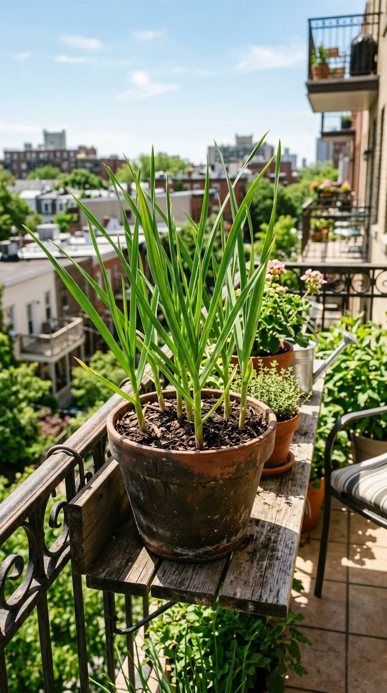 Garlic growing in a container pot on a sunny balcony