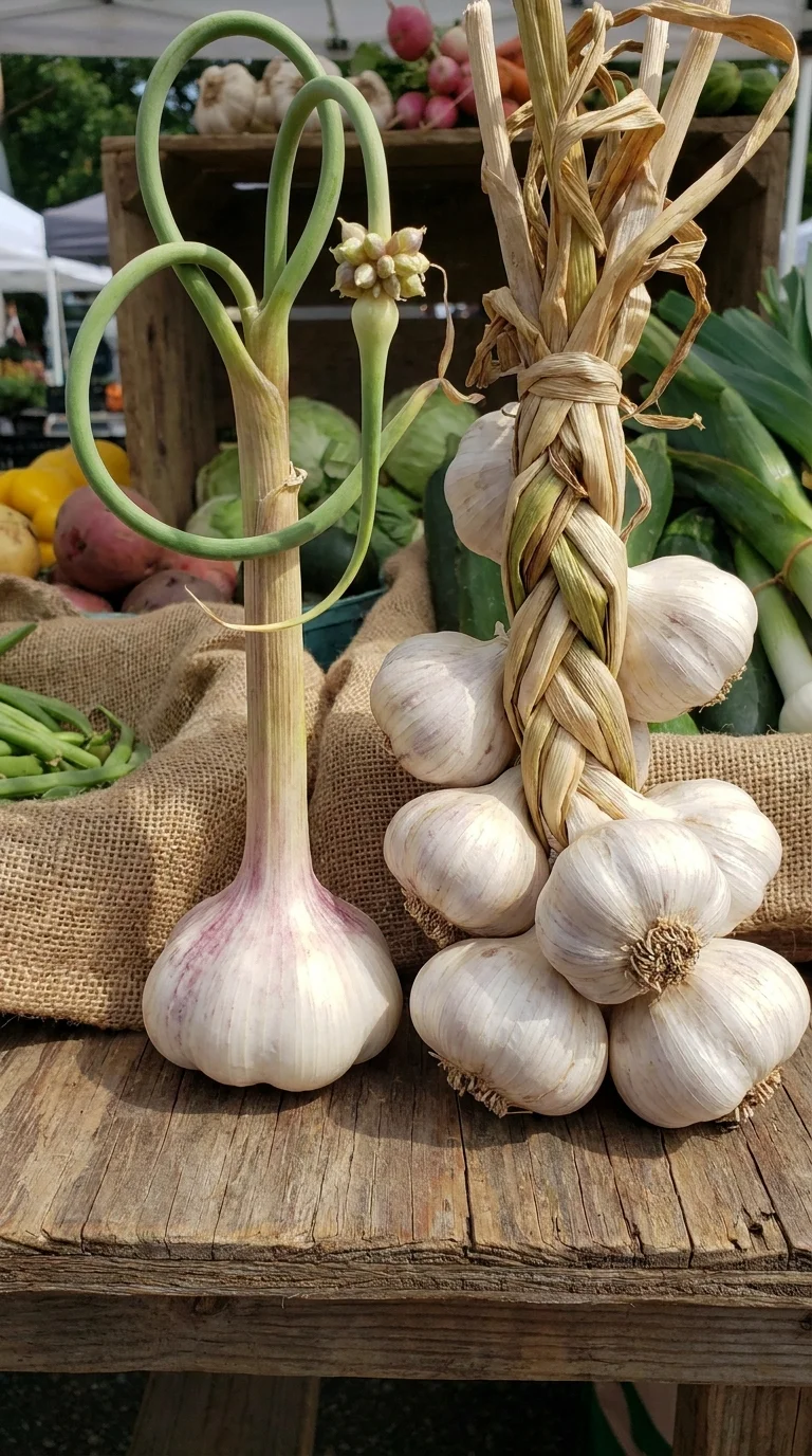 Hardneck garlic with a curled scape next to softneck garlic with braided stems