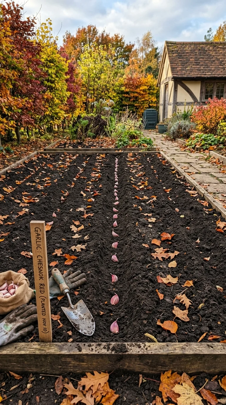 An autumn garden bed with garlic cloves planted in rows before winter
