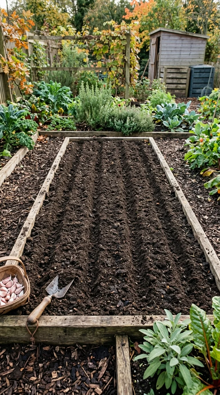 Well-prepared garlic bed with loose, compost-enriched soil