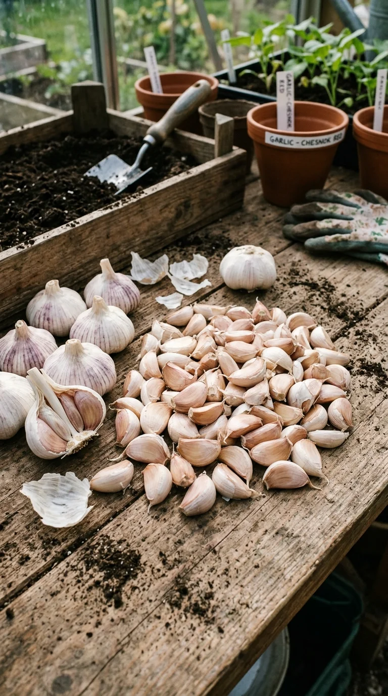 Whole garlic bulbs broken into individual seed cloves ready for planting