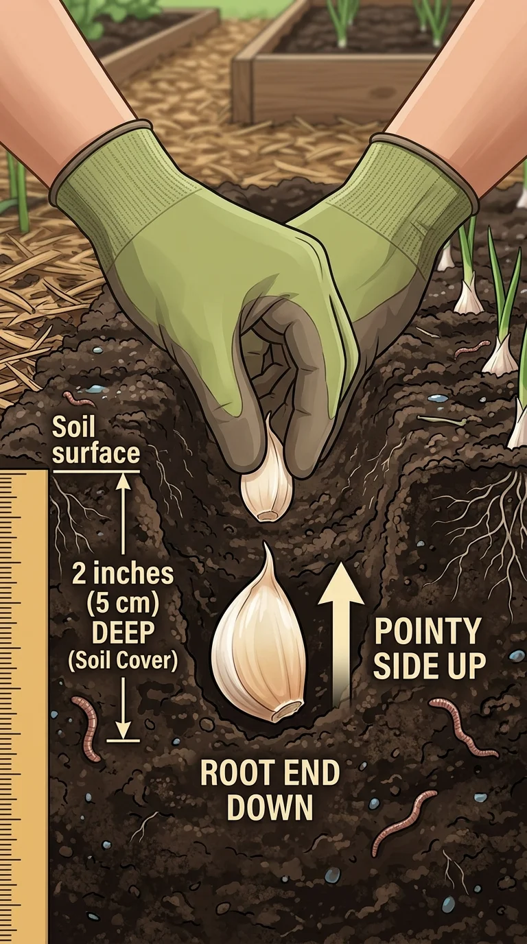 Proper garlic planting depth: clove two inches deep, pointy side up