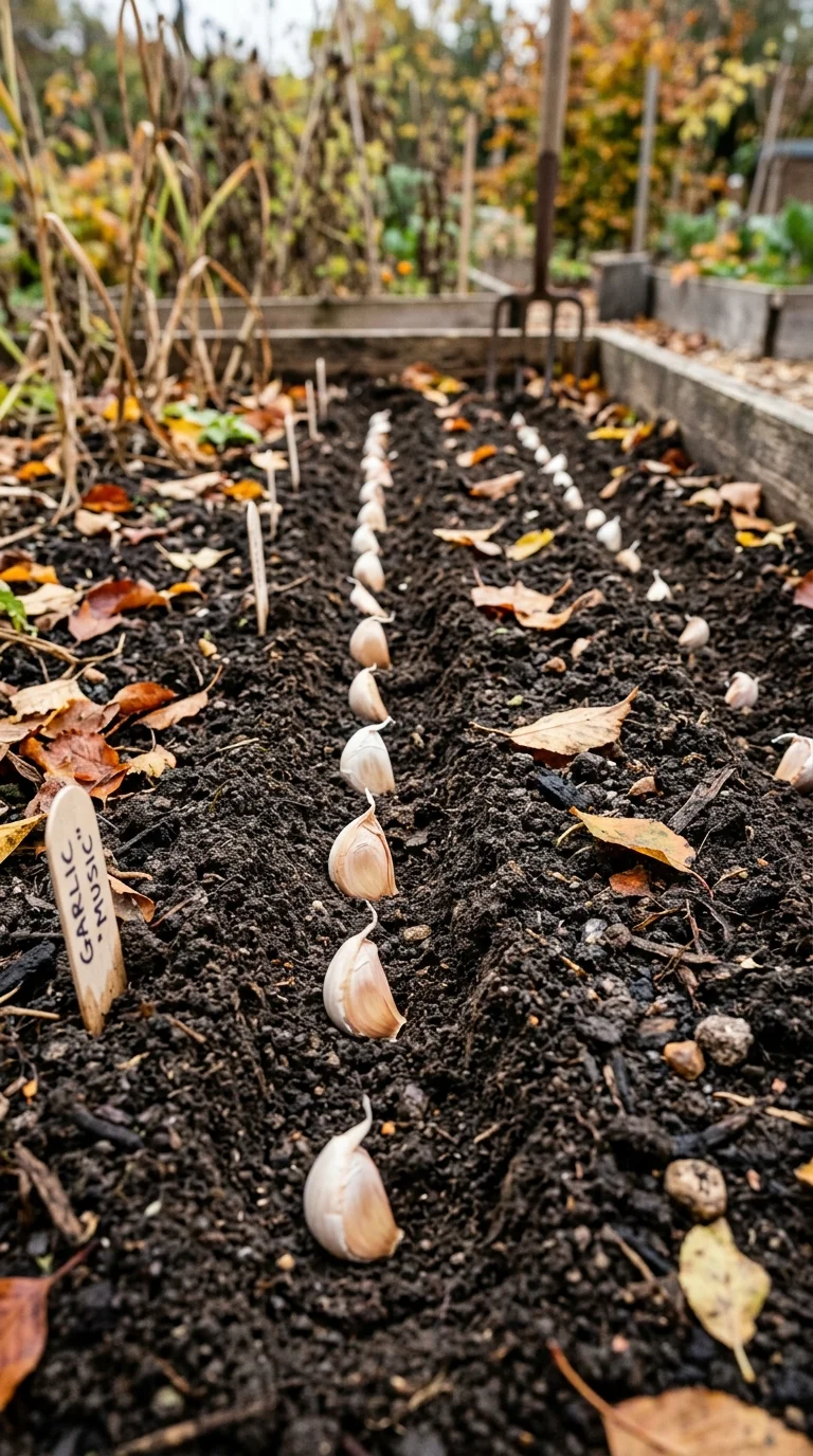 Close-up of garlic cloves planted in rows in the autumn garden bed