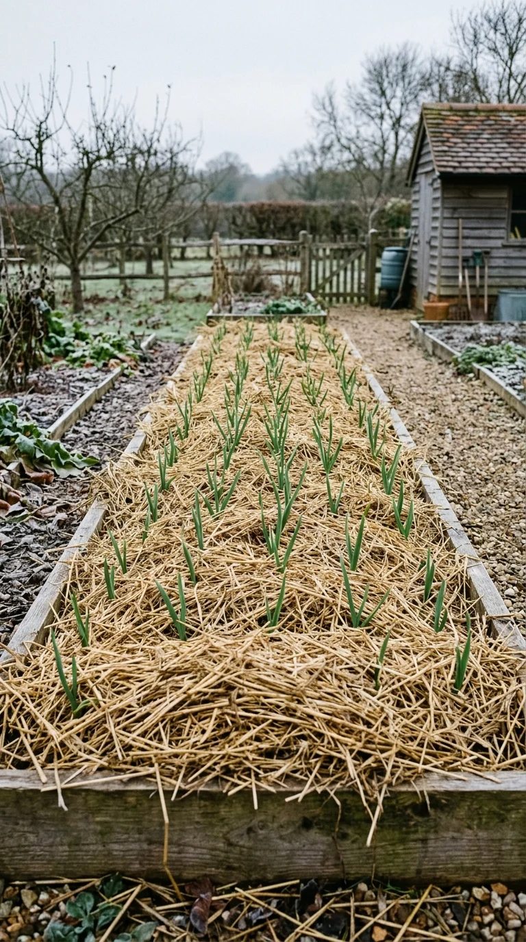 A garlic bed covered with a thick straw mulch for winter protection