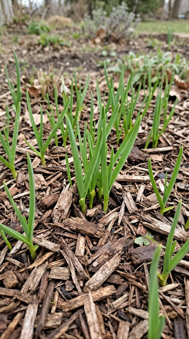 Green garlic shoots emerging through mulch in early spring