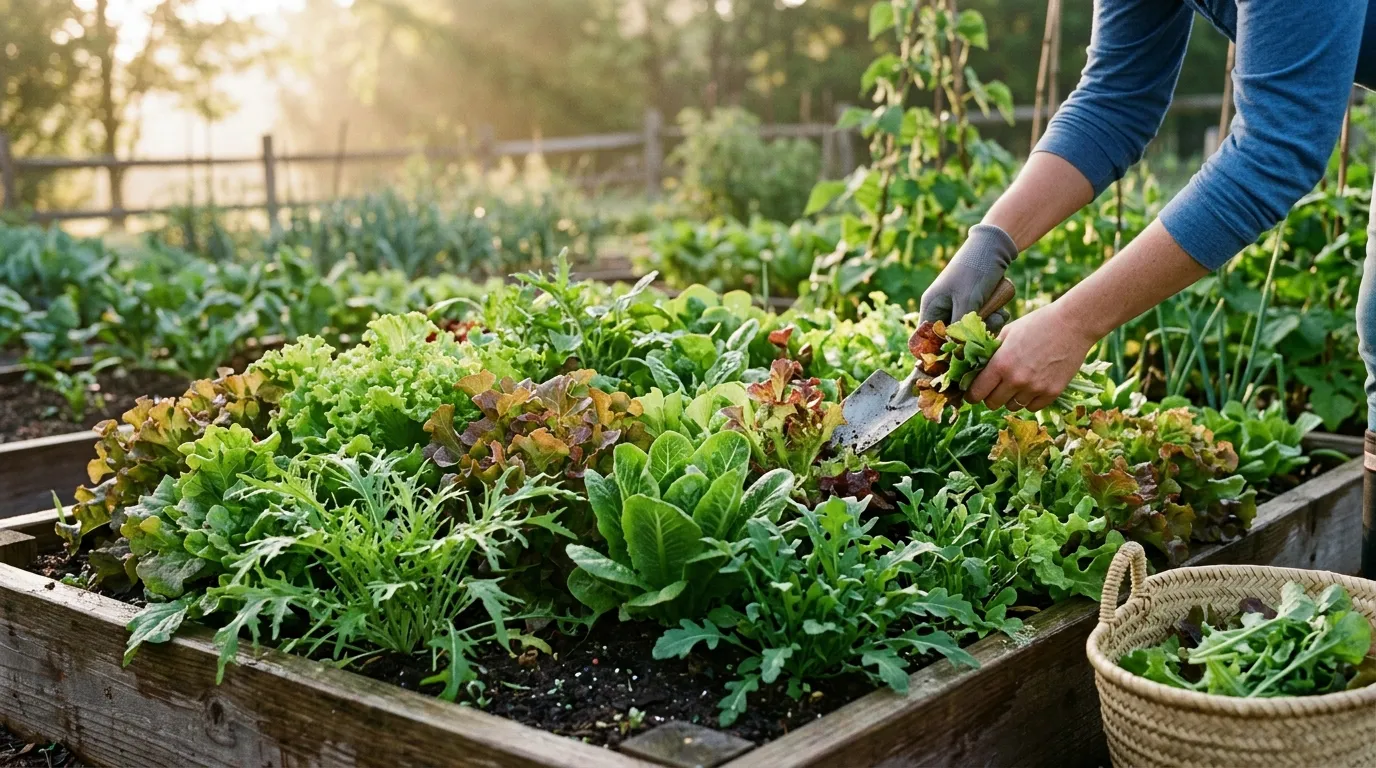 Watering lettuce gently at the base in morning light