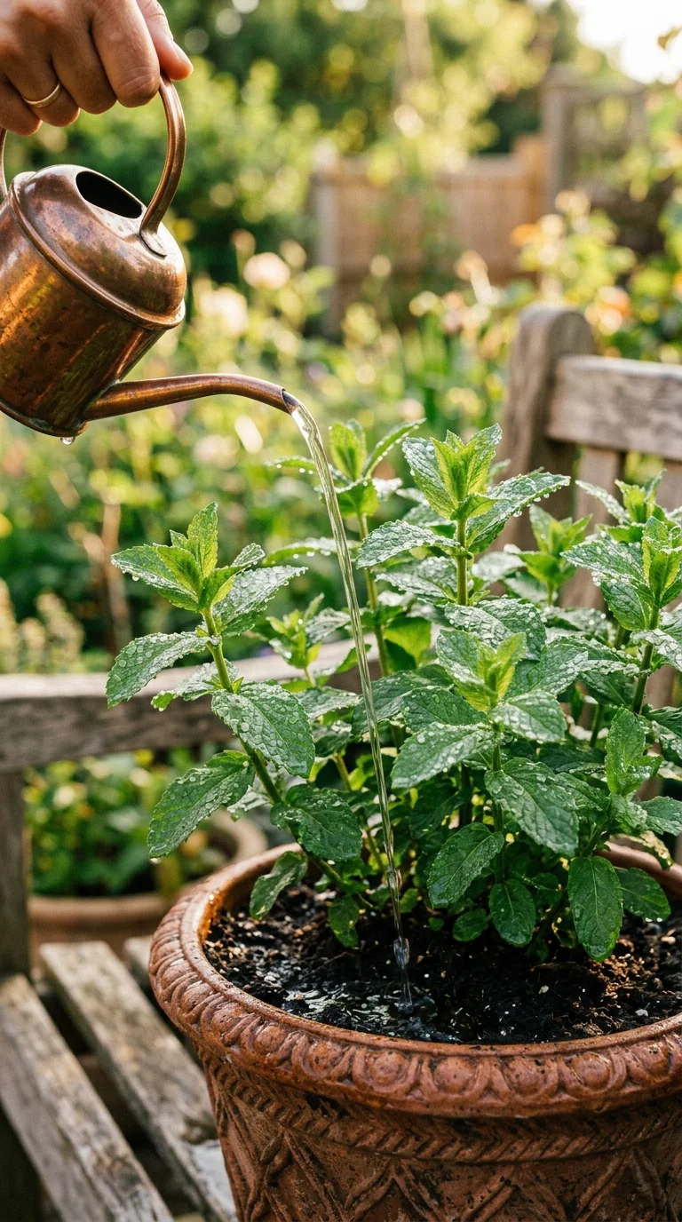 A helpful step-by-step care and watering illustration for “caring for mint in pots”