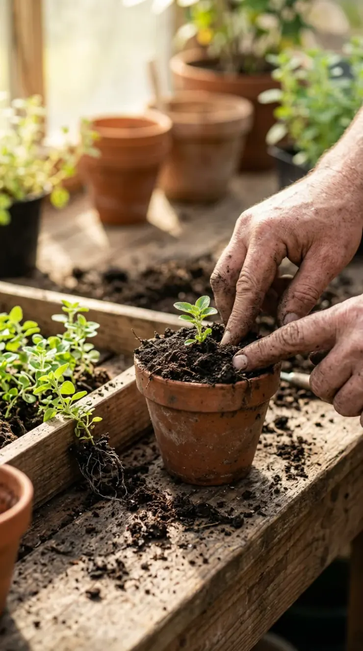 A detailed closeup illustration focusing on preparing and potting soil for “oregano plant care outdoor”