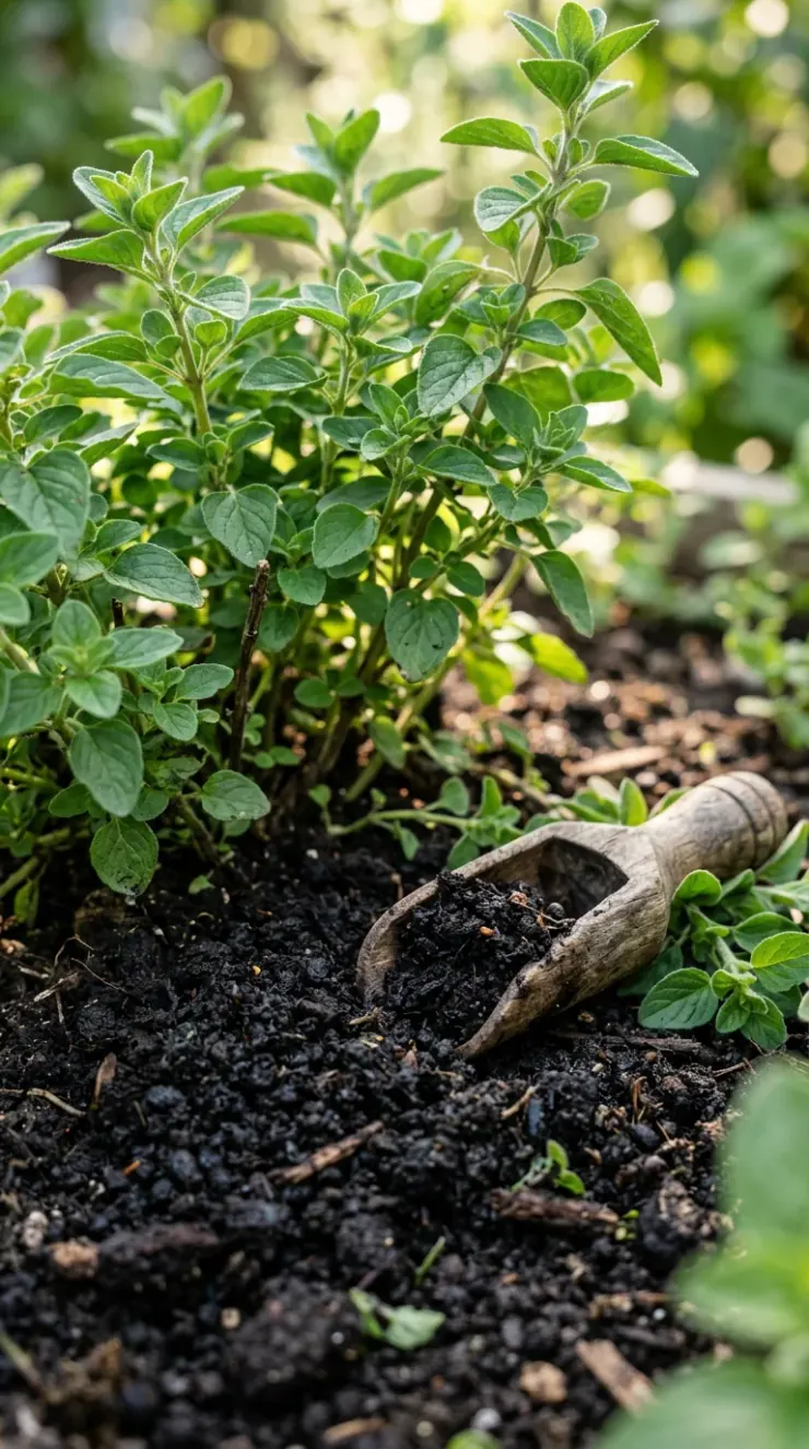 A highly detailed vertical photograph illustrating organic fertilizers, composting, or winter plant protection for “how to grow oregano from seed”