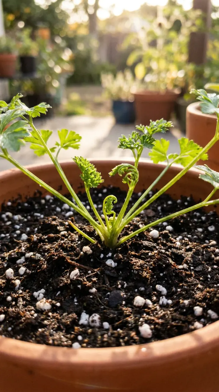 A detailed closeup illustration focusing on preparing and potting soil for “parsley plant care instructions”