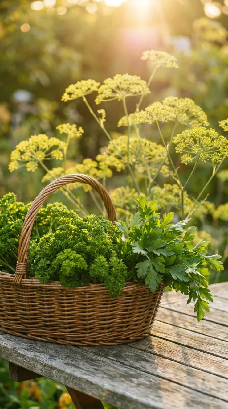 A warm, artistic vertical photograph showing the rewards of gardening: vibrant blossoms, seed collection, or a neighborly garden harvest of “how to grow parsley in pots”