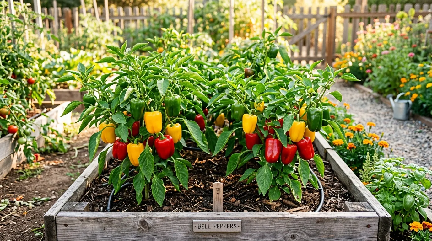 Pepper plants flowering with white blossoms and small fruits forming