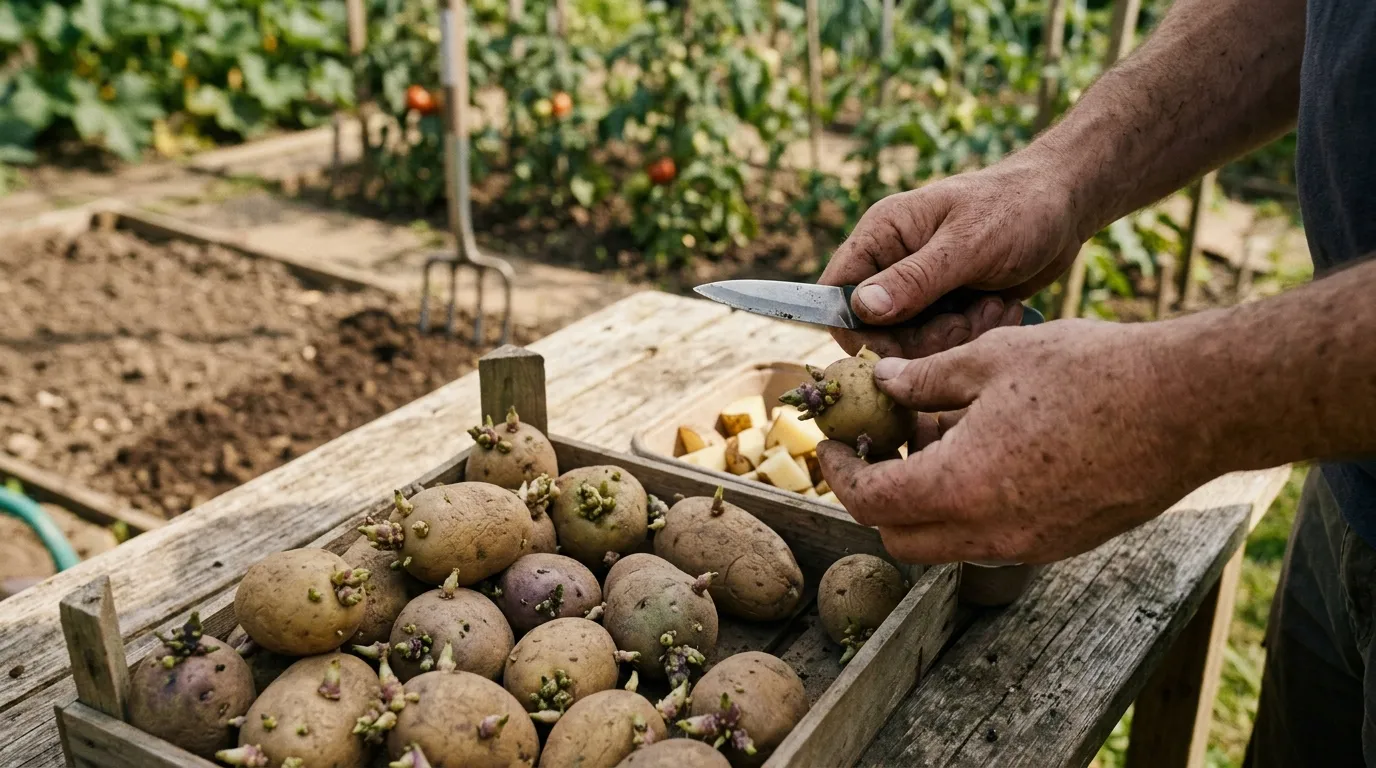 Seed potatoes chitting with green sprouts before planting