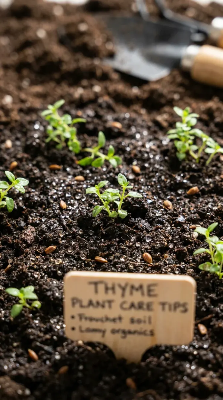 A detailed closeup illustration focusing on preparing and potting soil for “thyme plant care tips”