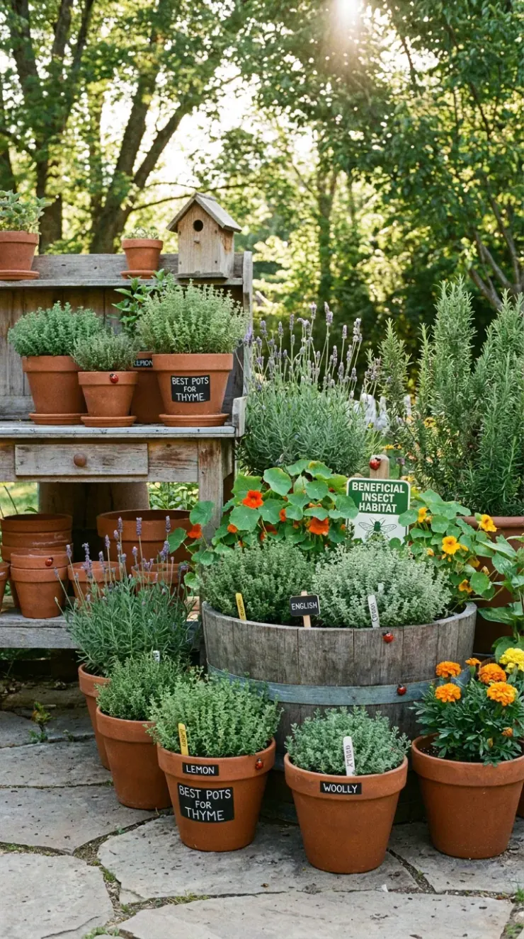 Organic pest protection, companion planting, or outdoor container garden layout for “best pots for thyme”