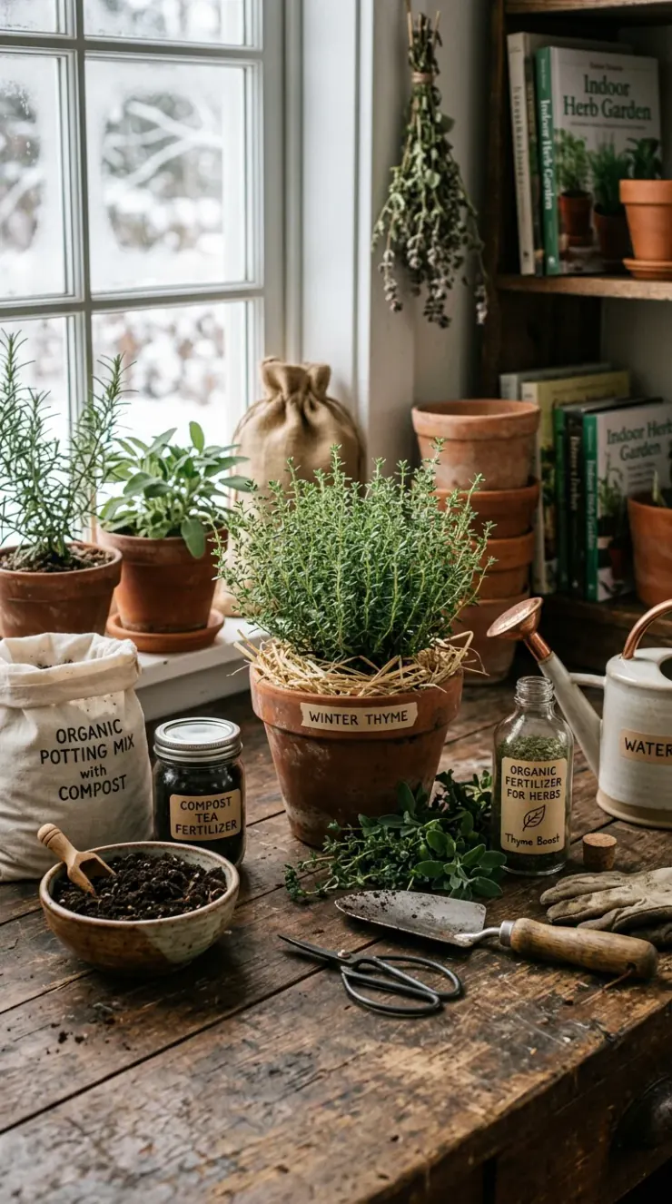 A highly detailed vertical photograph illustrating organic fertilizers, composting, or winter plant protection for “how to grow thyme indoors”