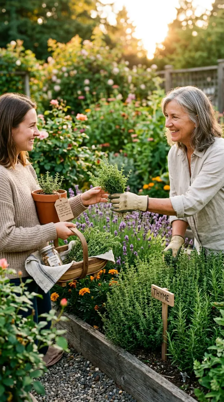 A warm, artistic vertical photograph showing the rewards of gardening: vibrant blossoms, seed collection, or a neighborly garden harvest of “how to grow thyme indoors”
