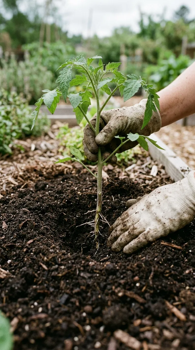 Hands planting a deep tomato transplant in compost-enriched soil
