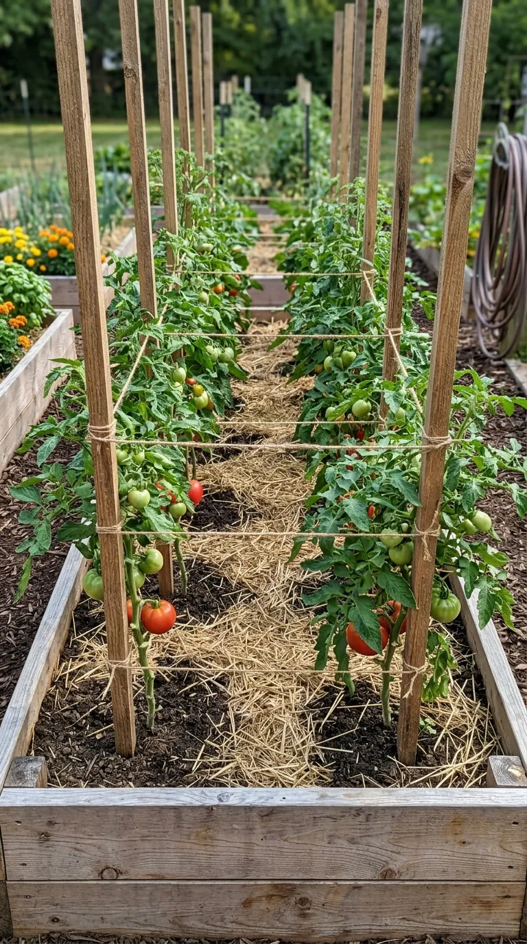 Staked tomato plants with straw mulch and drip irrigation