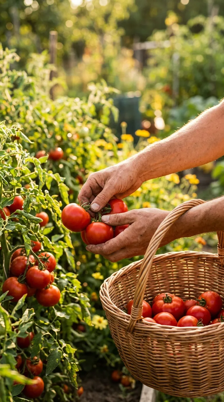 Ripe tomatoes harvested in a wooden bowl on a garden table
