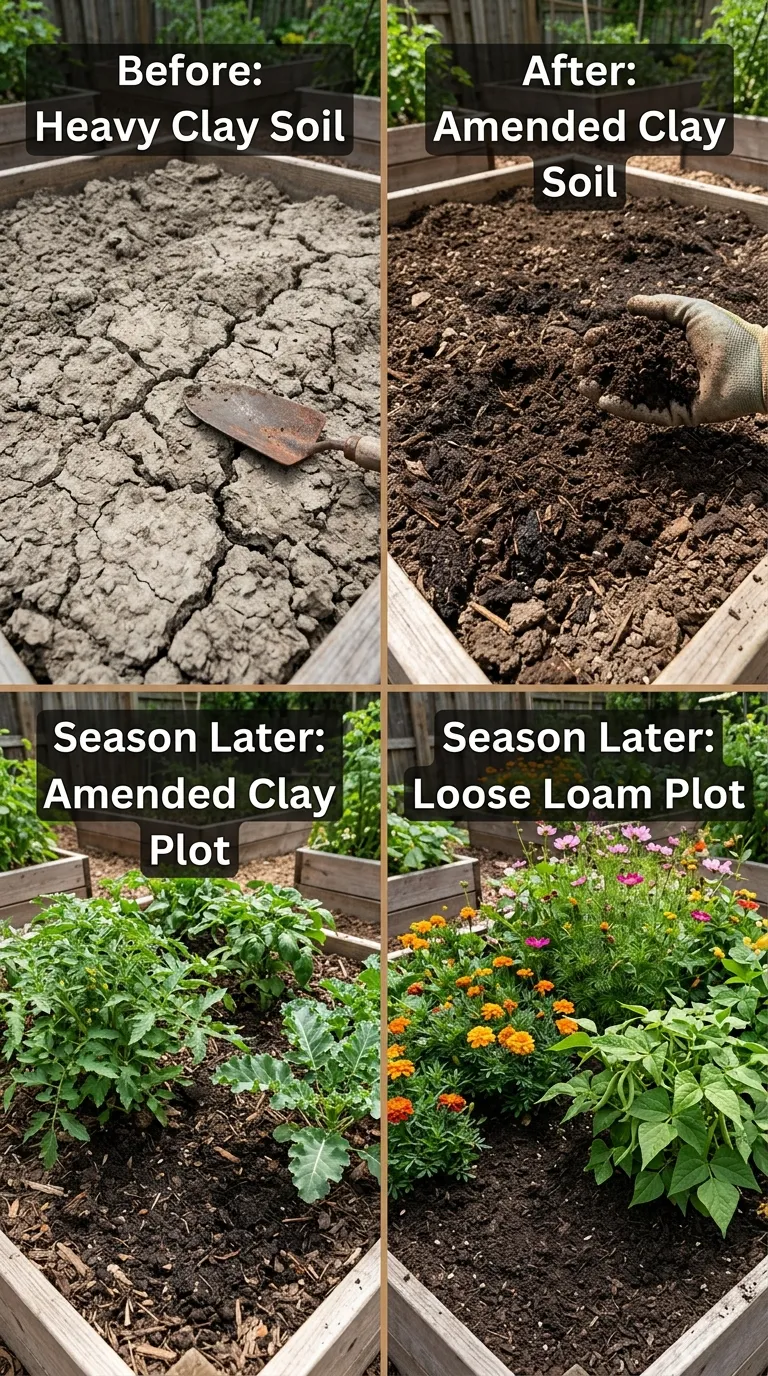 Spreading finished compost over garden bed to improve soil