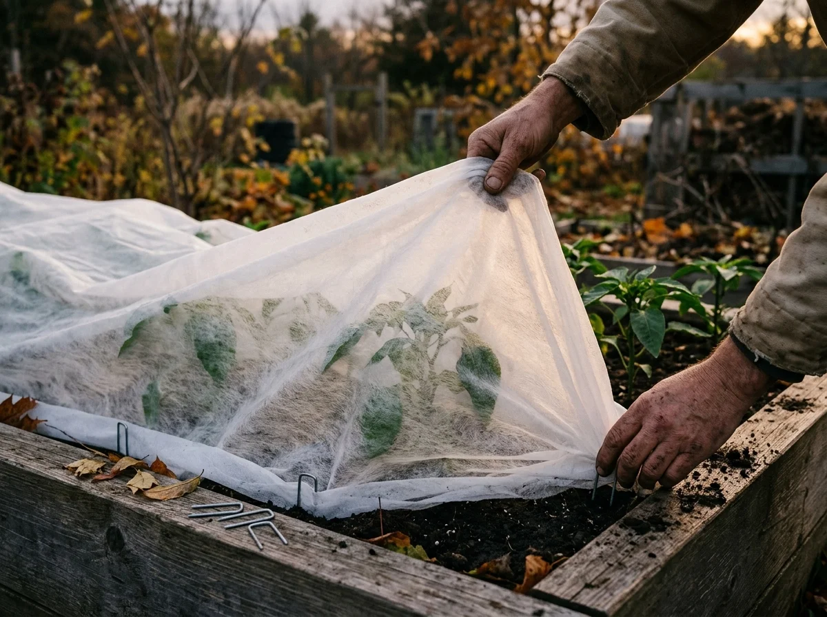 Securing frost cloth over pepper plants before sunset