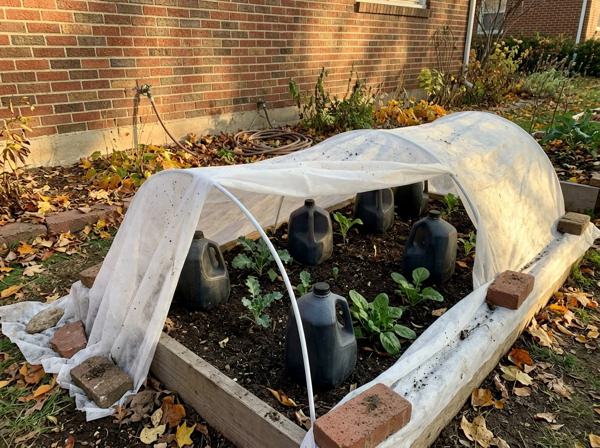 Water jugs as thermal mass under a frost cover