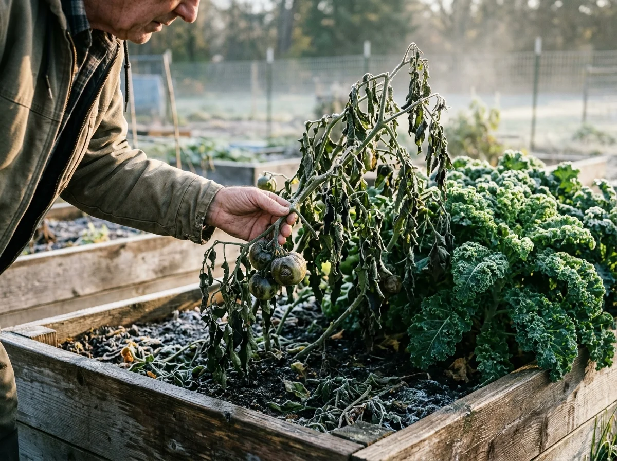Inspecting frost damage on a tomato plant the next morning