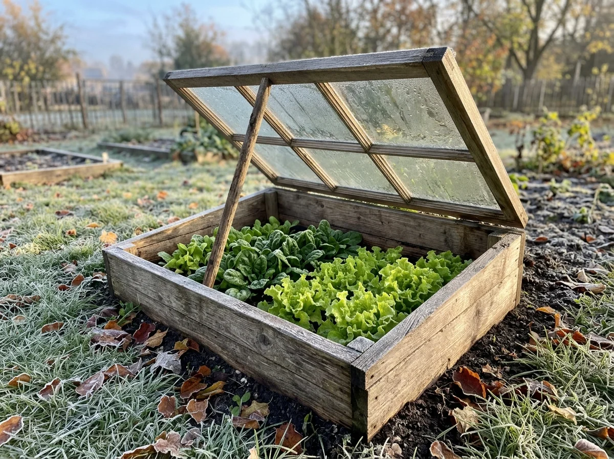 Cold frame protecting fall greens after the first frost