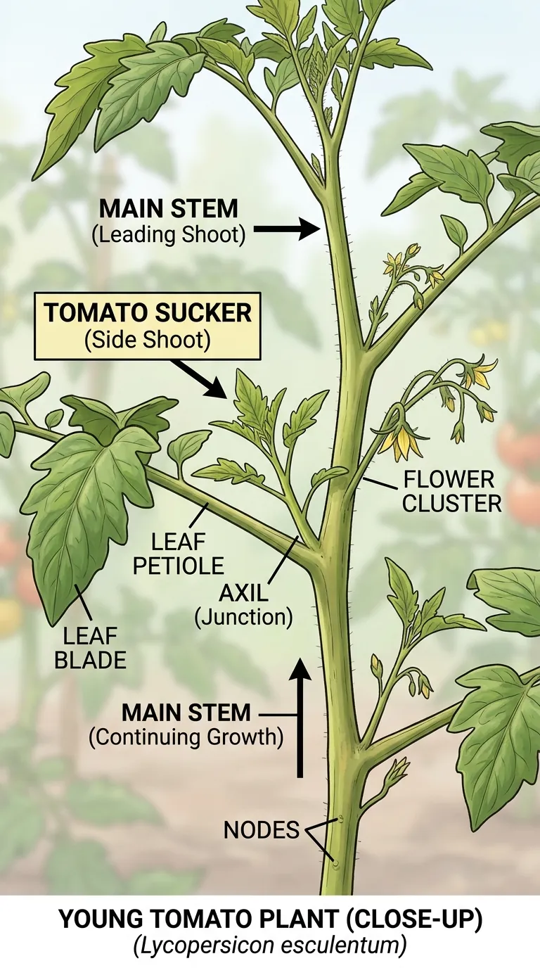 Close-up of tomato sucker growing in leaf axil before pruning