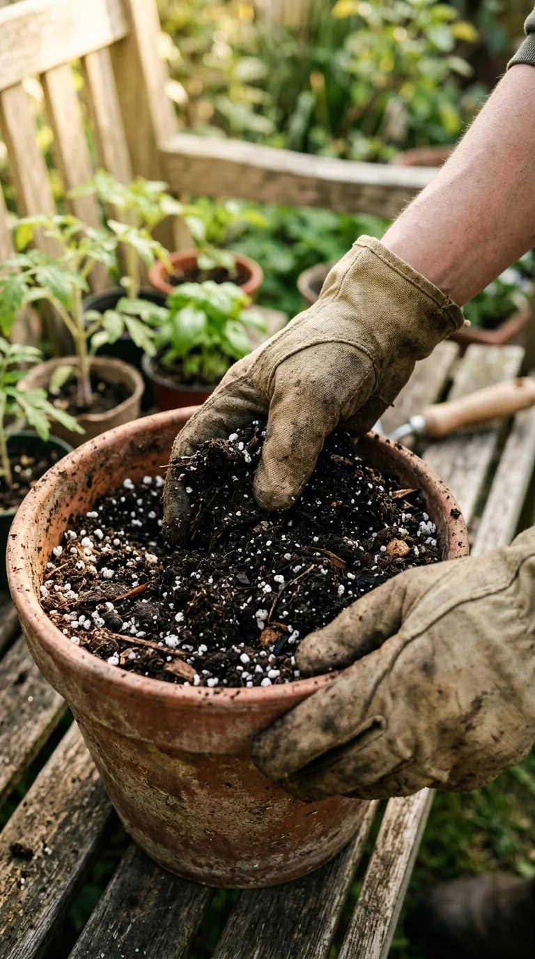 A detailed closeup illustration focusing on preparing and potting soil for “gardening for beginners”