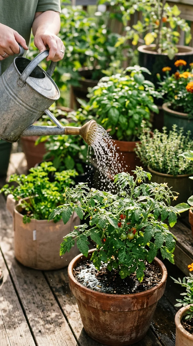 A helpful step-by-step care and watering illustration for “Easy vegetables to grow in pots”