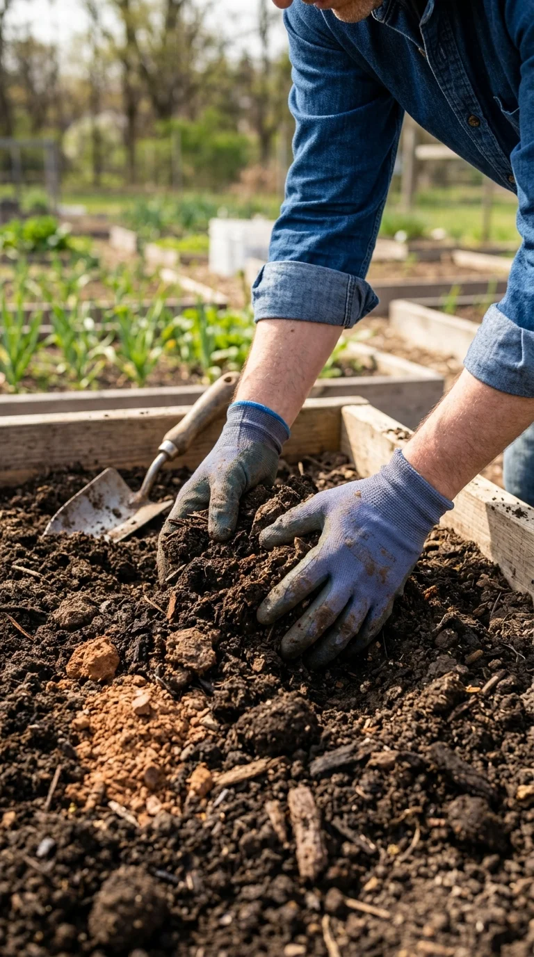 Watering and mulching newly planted vegetable bed