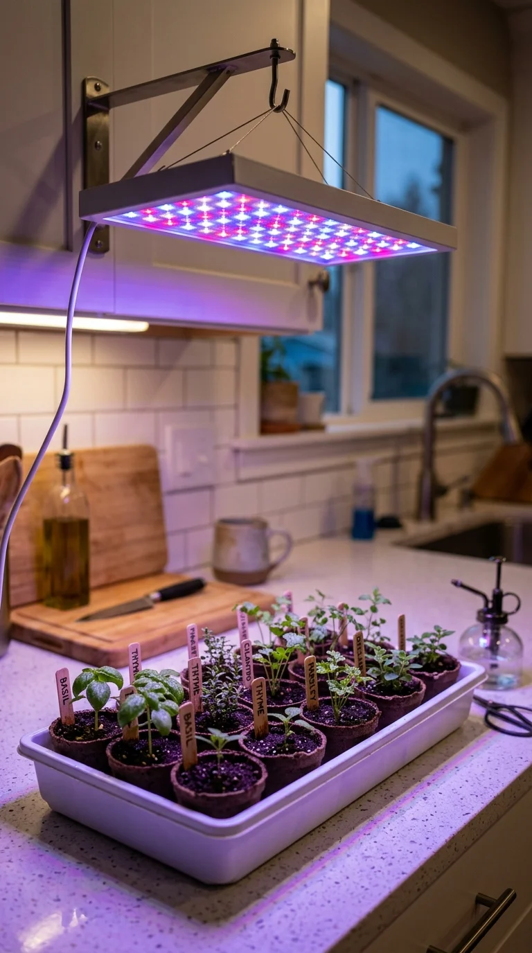 A comparison of herbs growing under a south-facing window versus a grow light setup