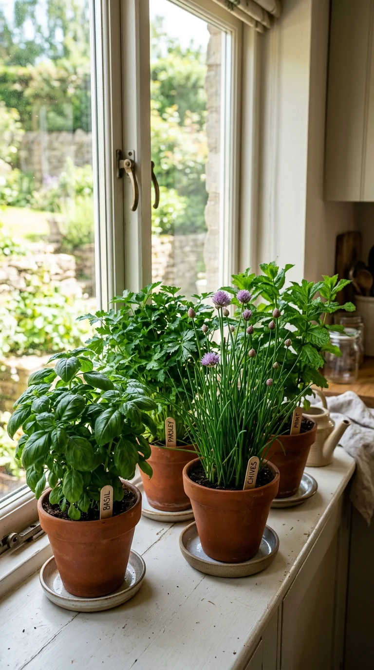 Indoor herbs growing in matching ceramic pots on a pebble tray for humidity