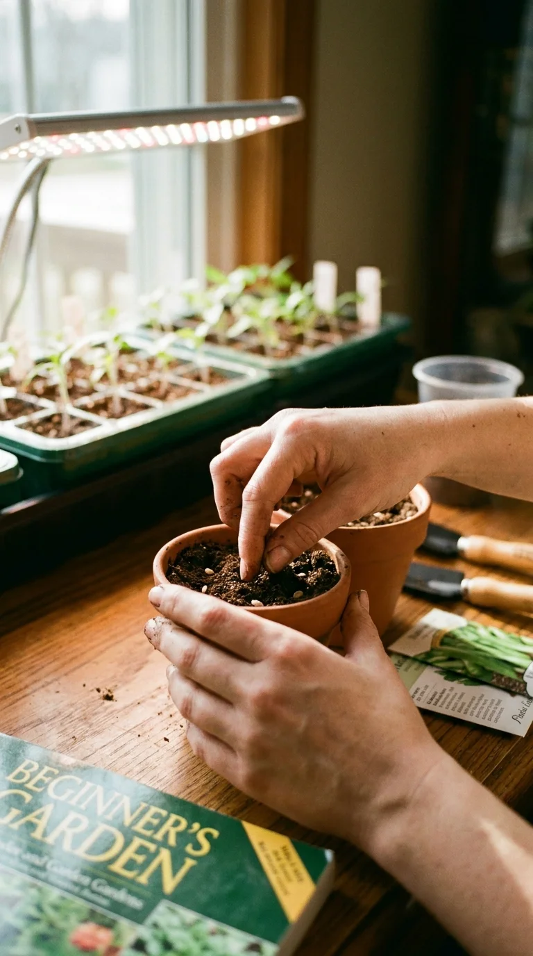 Hands placing seeds into small pots with potting soil