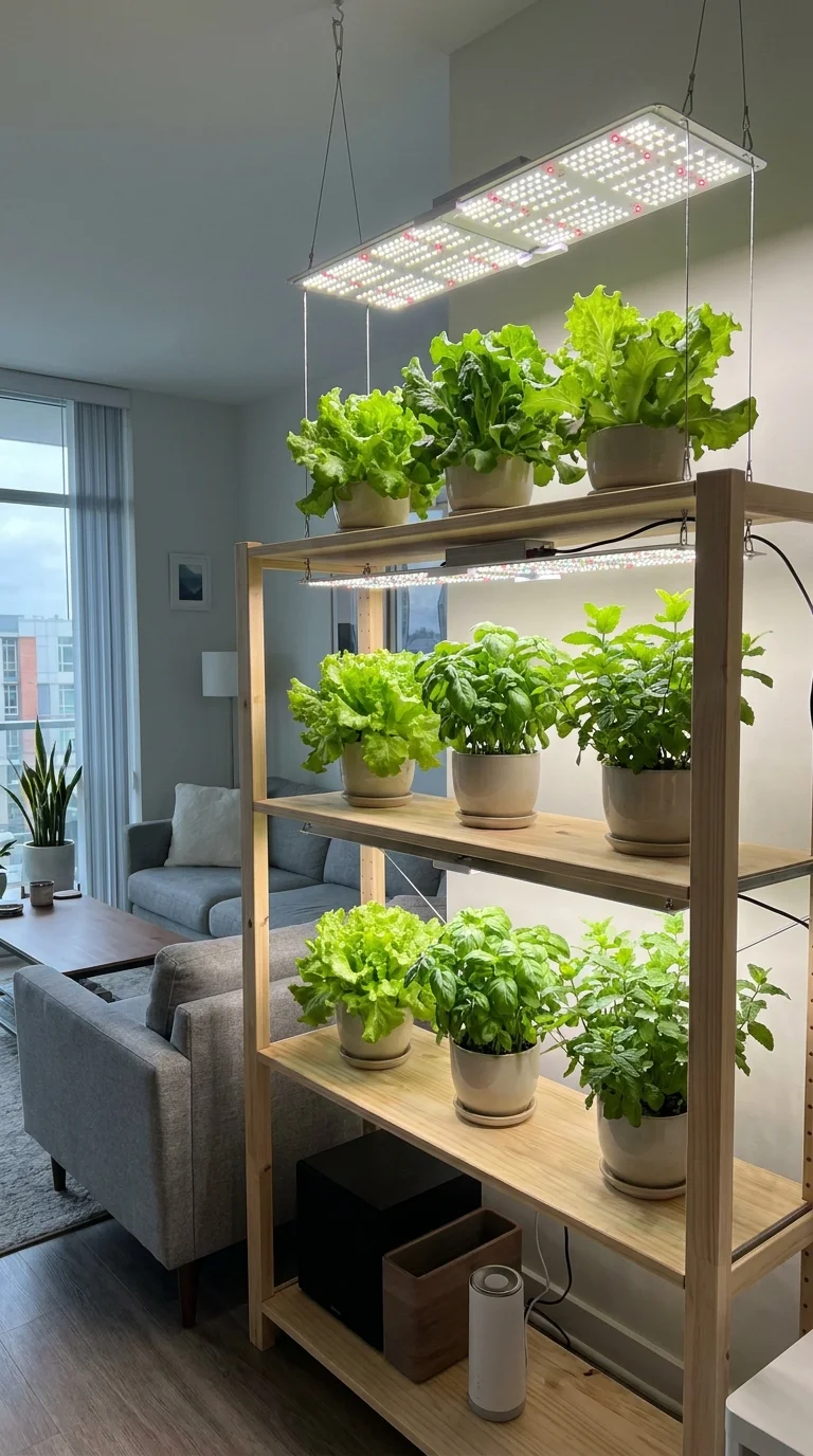 LED grow lights above indoor vegetable plants on a shelf