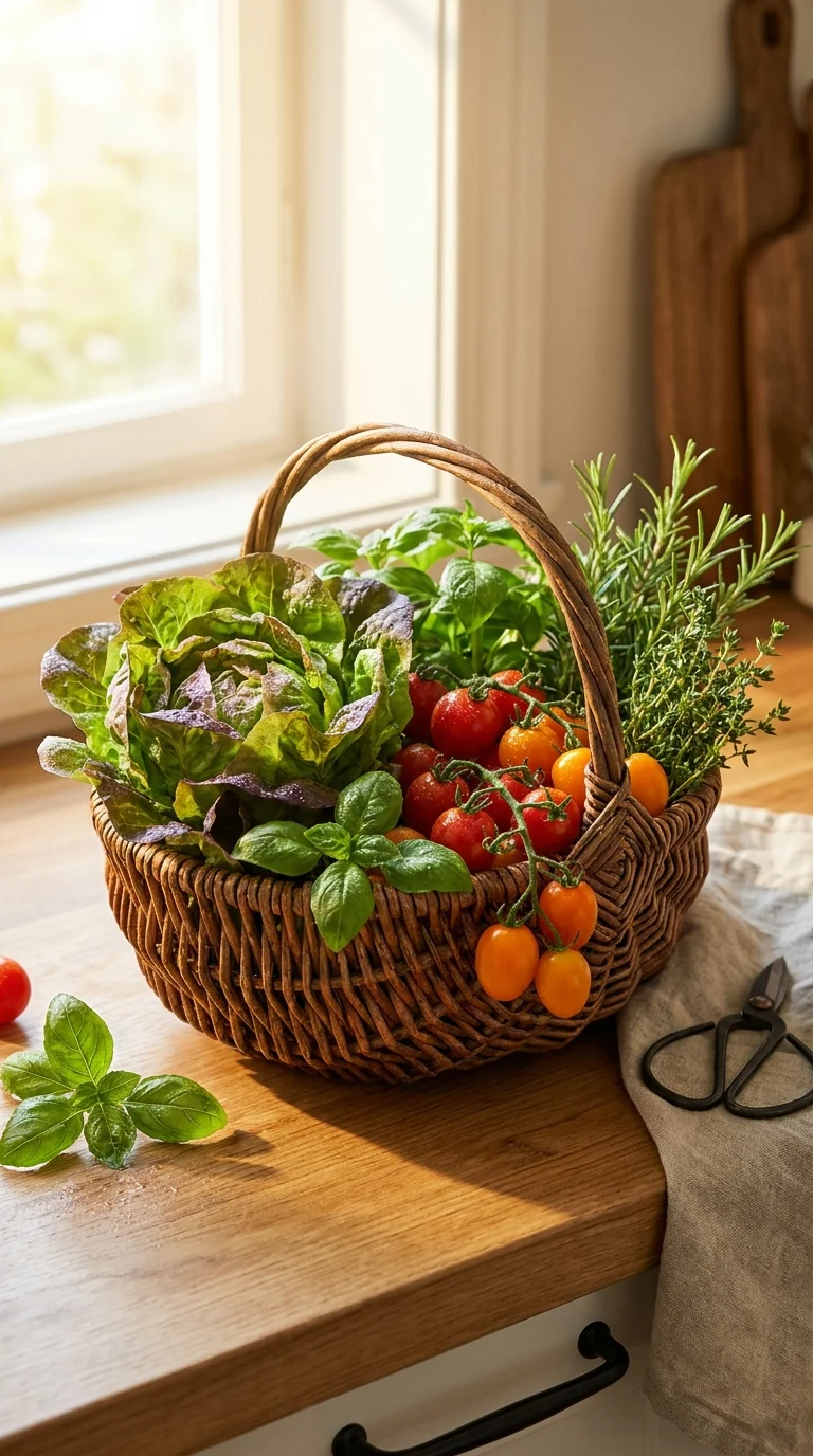 Fresh harvested indoor vegetables in a basket