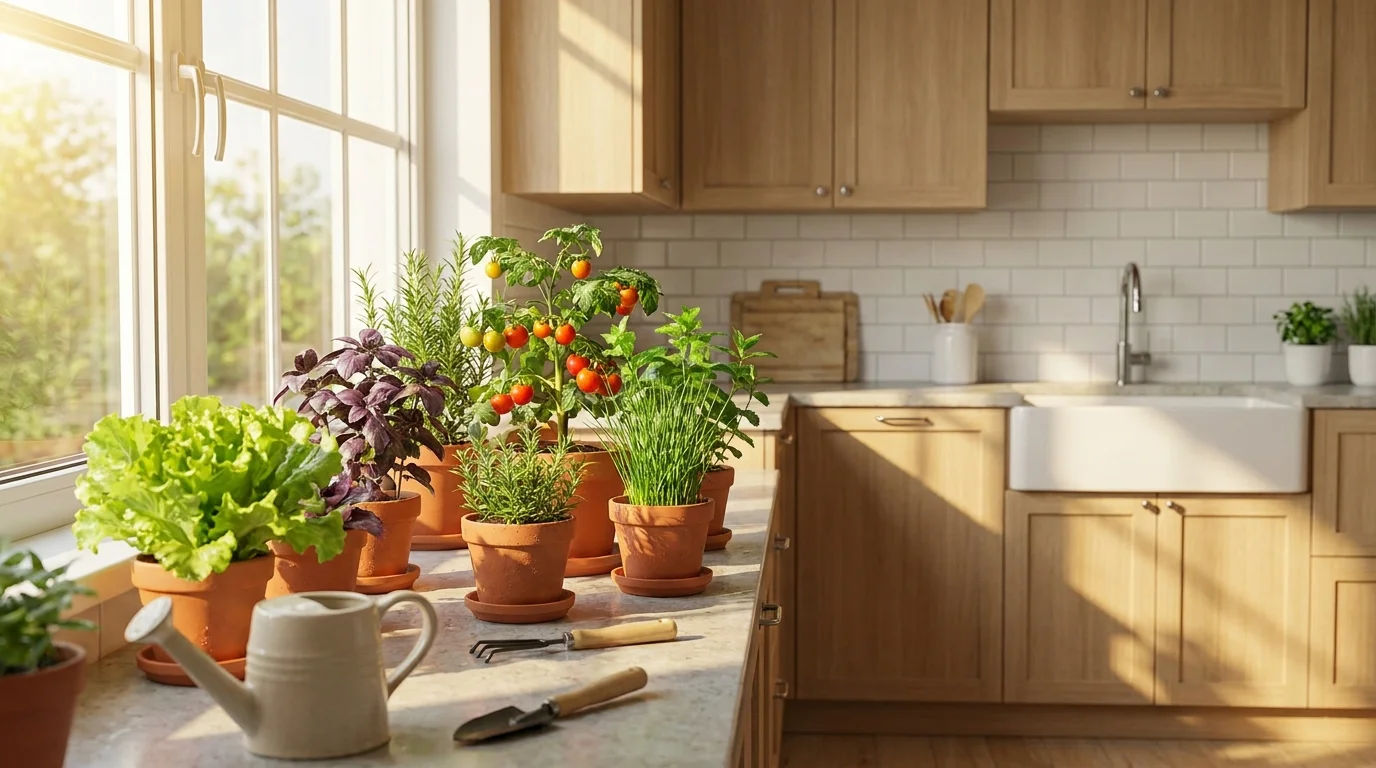 Fresh lettuce, herbs, and tomatoes growing in indoor containers near a sunny window