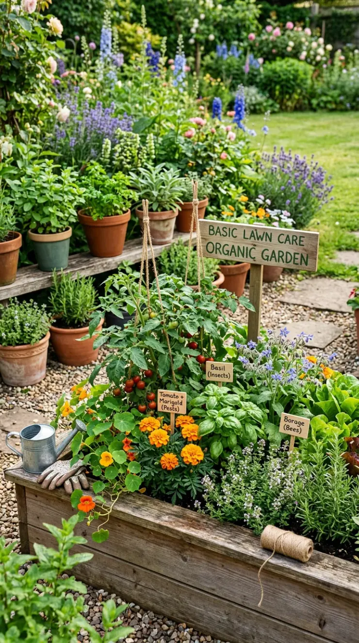 Basic tools and spreader for lawn care beginners
