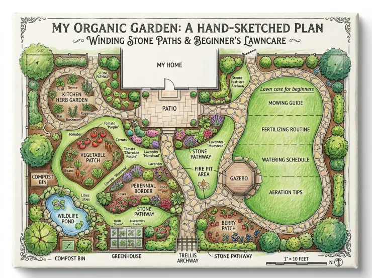 Permaculture garden border layout framing a green lawn