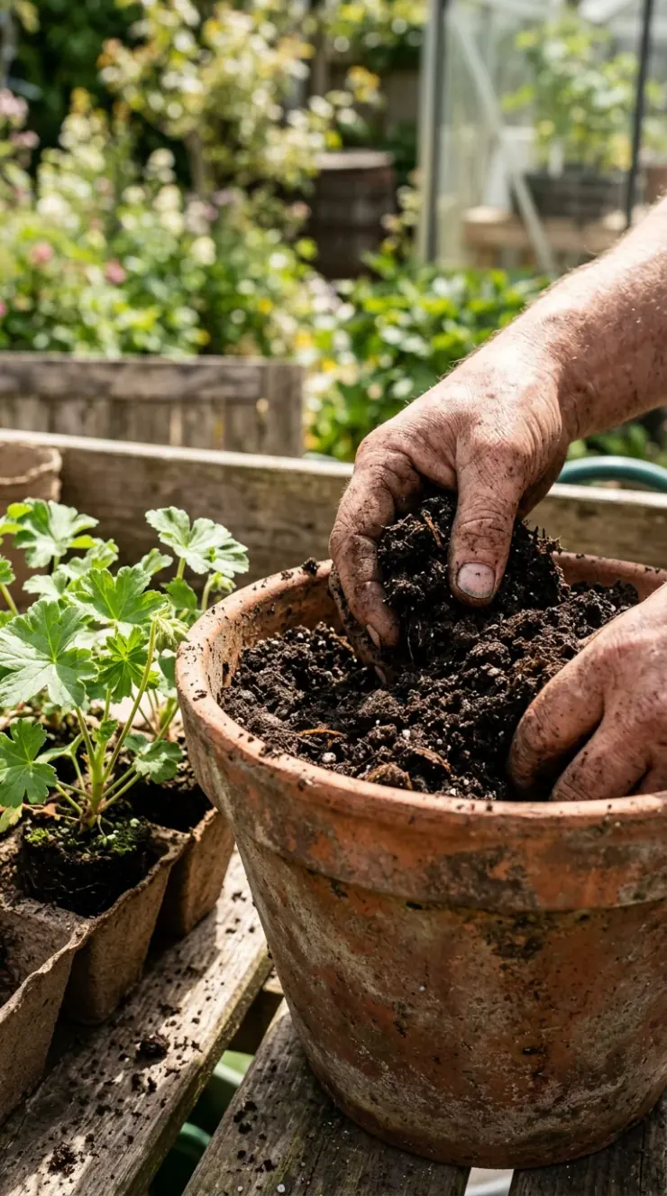 A detailed closeup illustration focusing on preparing and potting soil for “easy perennial flowers full sun”